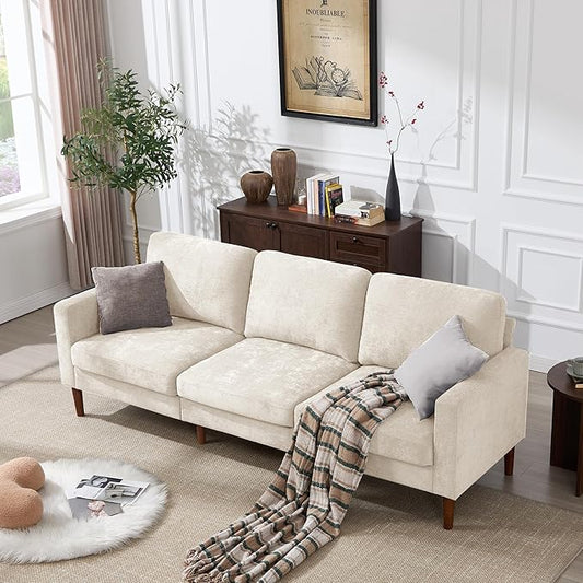 Kingfun 91.7 3 Seater Sofa Chenille Couch Mid Century Modern Couches with Solid Wood Legs for Living Room &amp Bedroom Beige
