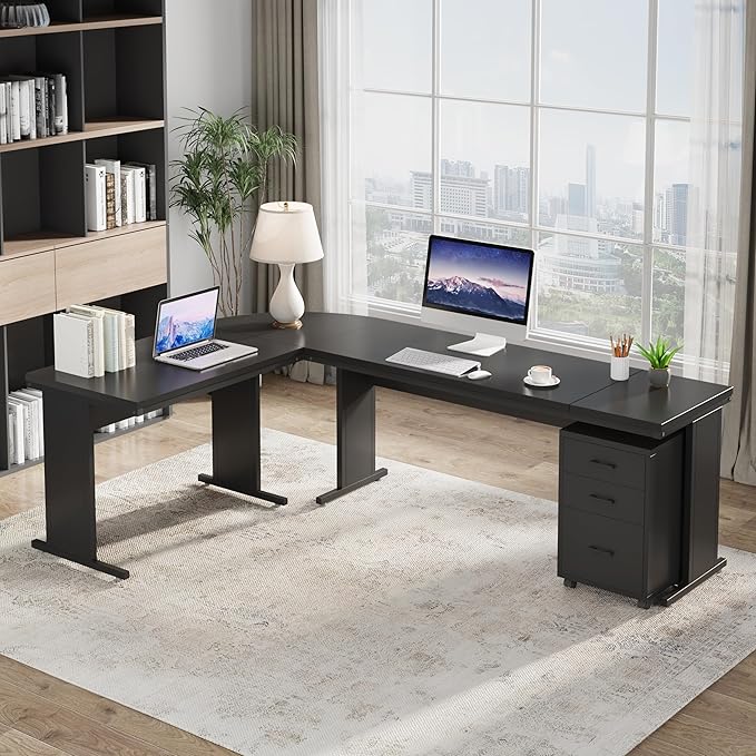 Tribesigns 83 L-Shaped Executive Desk Reversible Modern Office Desk with Drawers &amp Rolling File Cabinet Large Corner Computer Desk Business Workstation for Home Office (Black)