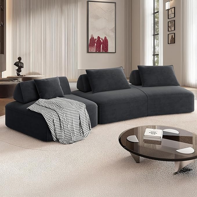139 Modern Curved Sofa Cloud Sectional Couch with Adjustable Backrest Oversized Deep Seat Compressed Couch for Living Room Apartment No Assembly Required Chenille Fabric (Dark Grey)