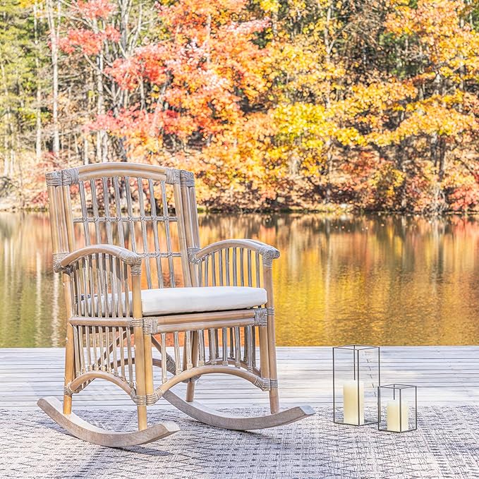 JONATHAN Y RCK200B Swayze Bohemian Farmhouse Woven Rattan/Wood Rocking Chair White Cushion with Gray/White Wash Frame for Home Living Room Bedroom Guestroom Foyer Library