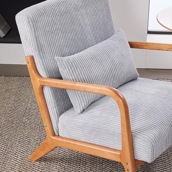 Mid-Century Modern Accent Chair with Throw Pillow Upholstered Fabric Armchair Solid Wood Frame Reading Chair for Living RoomBedroomReadingBalcony (Light Gray &amp Brown)