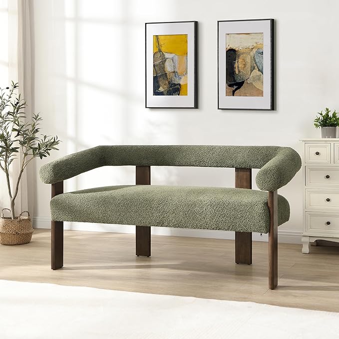GDFStudio 53.25 Loveseat Sofa with Round Boucle Rrmrest Lightweight Upholstered Small Couch with Rubber Wood Frame Modern Couch with Deep Seat for for Living Room Bedroom Green
