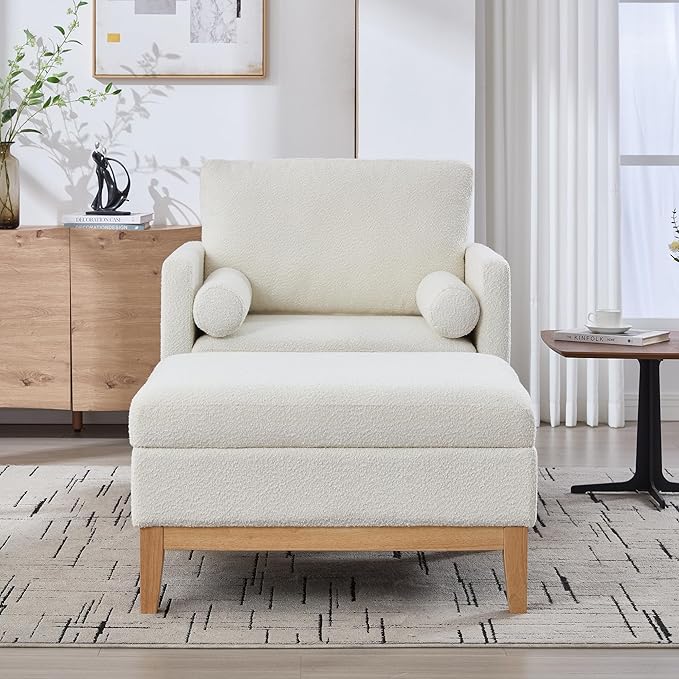 Wood Base Accent Arm Chair with Ottoman and Bolster PillowsStorage Footstool with Reversible Lid Coffee Table for Living Room Office (35.4 W Ivory Boucle Chair Set +Natural Base)