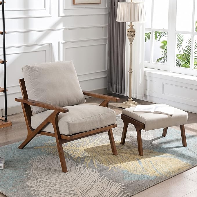 chairus Mid-Century Modern Accent Chairs with Ottomans Set of 2 Comfy Upholstered Lounge Armchairs with Solid Wood Frame Reading Chairs for Living Room Bedroom Office Beige Denim Fabric