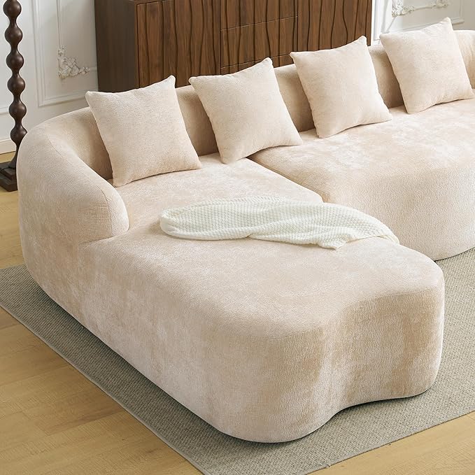 KEIKI 104.7 Cloud Sofa L-Shape Sectional Sofa with Curved Chaise Futon Sofa Couch Folding Mattress for Living Room Guest BedroomNo Assembly Required Beige