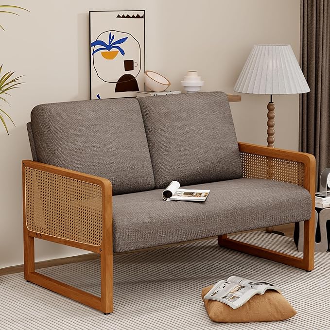 Modern Loveseat Bench Couch with Natural Rattan Arm Upholstered Linen Small Love Seat Sofa 2-Seats Living Room Couch Settee Comfy Lounge Recliner Chair-Taupe