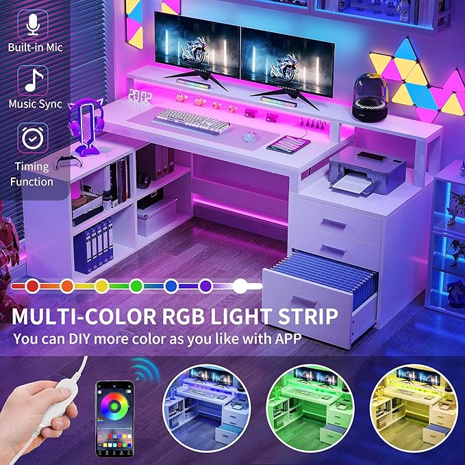 YITAHOME L Shaped Desk with 3 Drawers 65 Corner Computer Desk with Power Outlets &amp LED Lights L-Shaped Desk with File Cabinet &amp Printer Stand for Home Office White