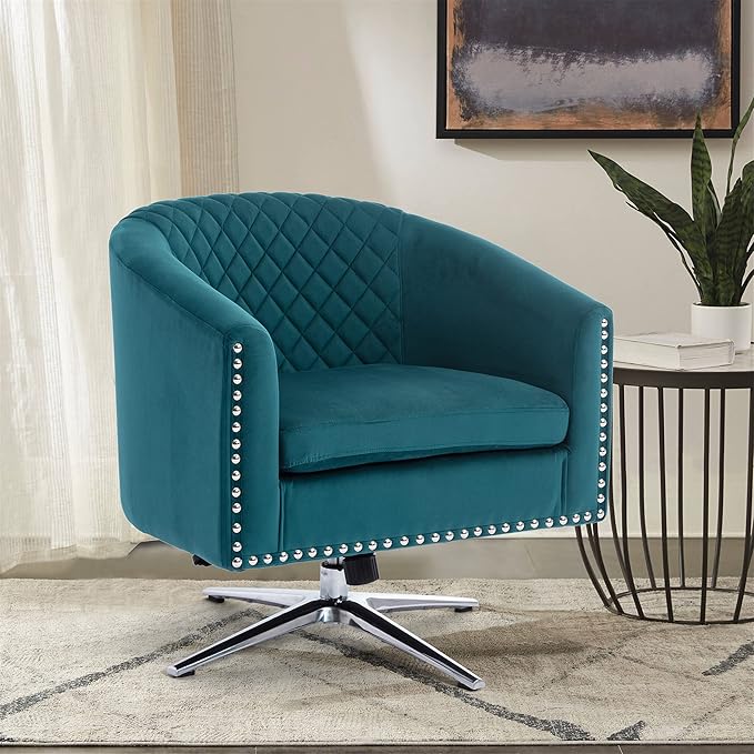 Swivel Barrel Chair Living Room Chair with Nailheads and Metal Base