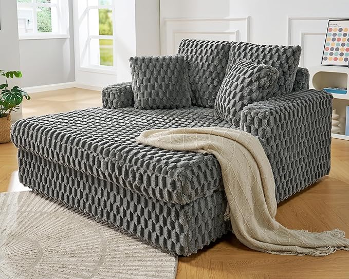 VanAcc 58-Inch Plush Sleeper Chair with Throw Pillows Upholstered Chaise Lounge &amp Sofa Bed with Armrests for Living Room Ash Grey