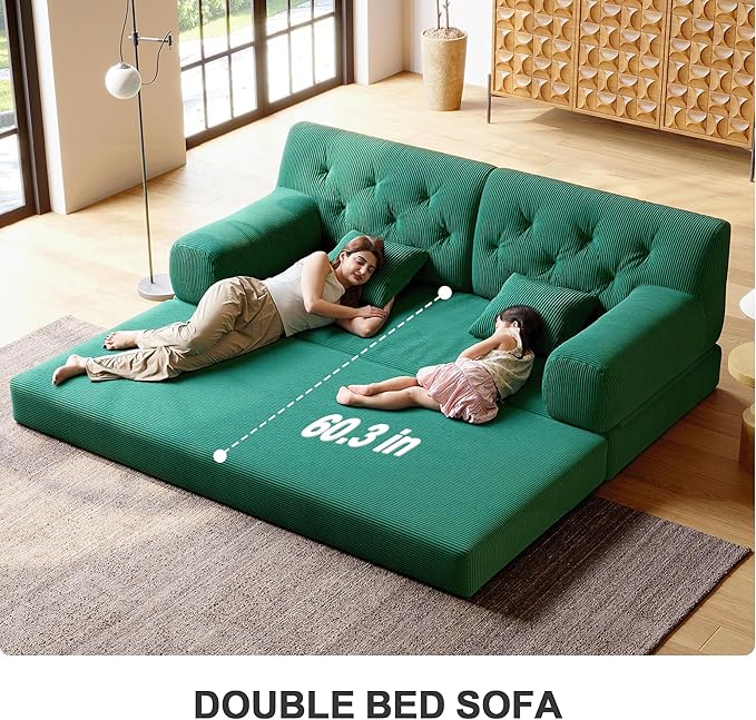 5-in-1 Folding Convertible Sofa Bed Loveseat Sleeper with Pull-Out Bed Floor Sofa Modular Futon Couch 79 Oversized Corduroy Upholstered Boneless Couch for Living Room Bedroom Lounge Green-C