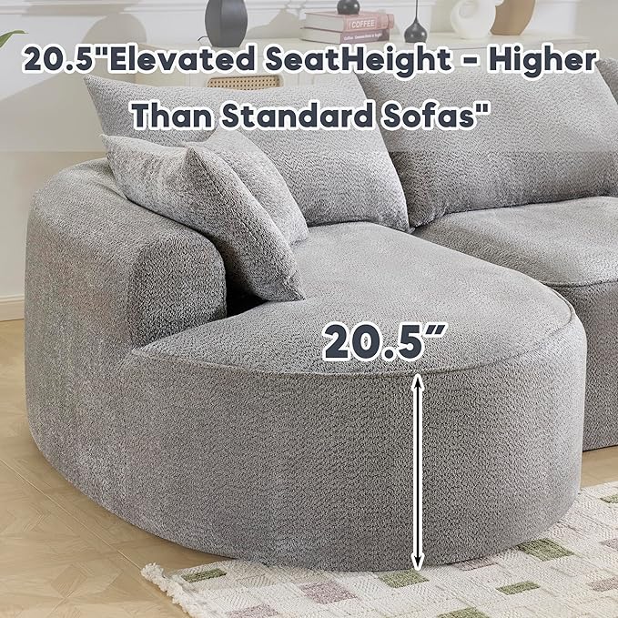 124.5 Oversized Curved Boneless Couches for Living Room Chenille Sectional Sofa with 7 Pillows L-Shape Boneless Couch with Deep Seat High-Density Memory Foam No Assembly Required (Grey)
