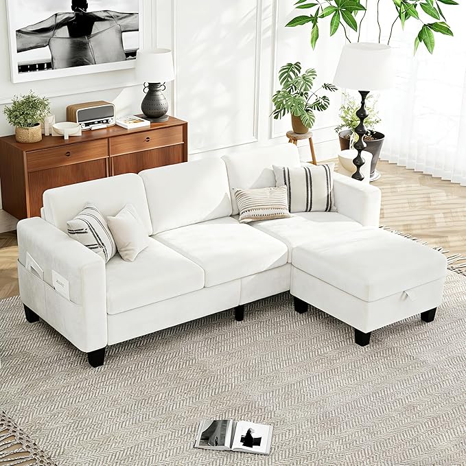 Sectional Sofa Couches for Living Room - 3-Seat White L-Shaped Modern Sofa Couch with Reversible Storage Ottoman &amp Storage Pockets for Living Room Apartment Studio or Small Space | small couch