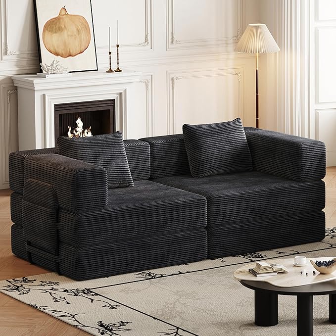 KEIKI 72.4'' Convertible Sofa Bed 2 Seat Corduroy Fabric Sofa with Two Side Storage Pockets and Two Cushions Comfortable Folding Sleeper Carpeted Couch for Living Room Bedroom and Study Black
