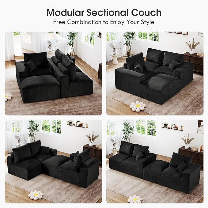 108 Modular Cloud Sectional Sofa 17.8 Comfort Height &amp Neck Pillow Modern Corduroy Couch with L-Shape Oversized Chaise for Living Room Bedroom No Assembly Required (Black)