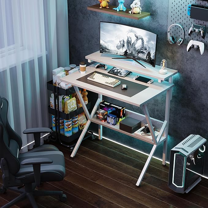 COTUBLR Small Desk 27.5 Inch Small Computer Desk for Small Spaces Computer Desk with Adjustable Monitor Stand Compact Desk with Storage Tiny Desk Study Desk for Bedroom Home Office White