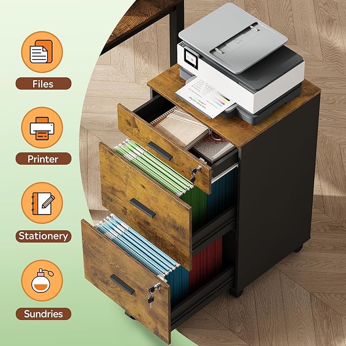 DEVAISE 3 Drawer Rolling File Cabinet with Lock Wood Filing Cabinet fits Letter / A4 Size for Home Office Rustic Brown