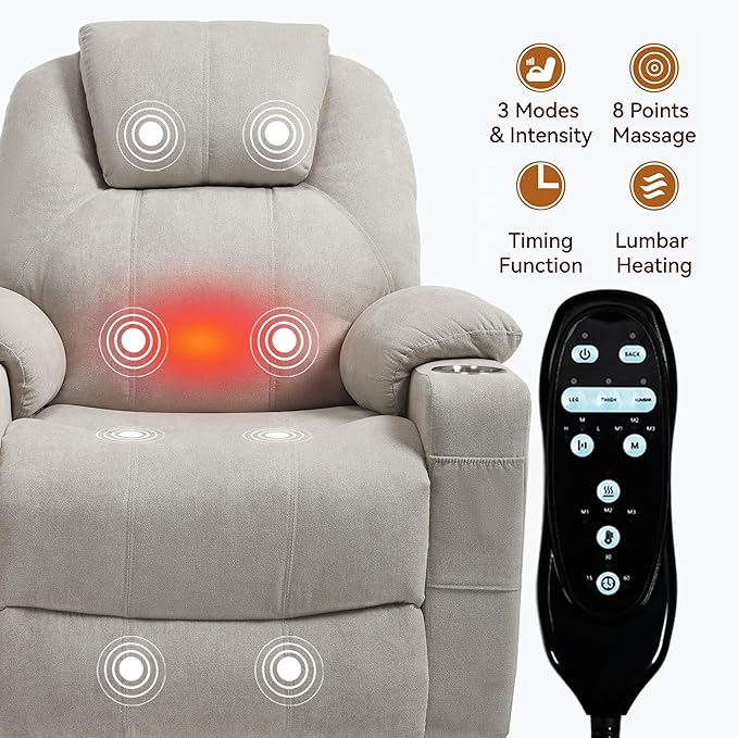 Chenille Electric Power Lift Recliner Chair Massage Single Sofa with Vibration Massage and Lumbar Heating Ergonomic Lounge Couch with Cup Holders and USB Charge Port for Living Room (Beige)