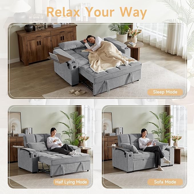 65'' Chaise Lounge Chair Indoor 3-in-1 Convertible Sofa Bed with Pull-Out Design 360° Swivel Side Table Modern Granular Velvet Couch Bed for Living Room Small Space &amp Apartment-Friendly