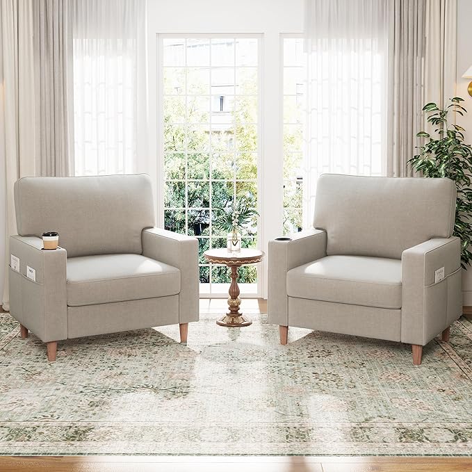 Actinidia Oversized Accent Chair with Cup HoldersMid Century Modern Upholstered Living Room ChairHigh Back Single Sofa ChairReading Armchair for Bedroom Apartment Waiting Room OfficeBeige