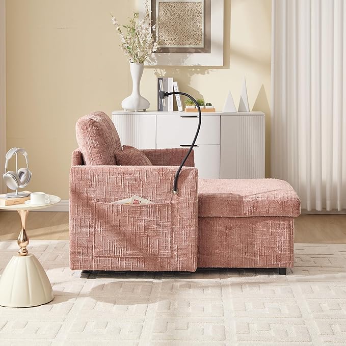 Multifunctional Sofa Recliner Chairs with Storage Cell Phone Bracket Chenille Recliner Chair Bed with Side Pockets and High Backrest Modern Living Room Single Lounge Chair (Pink)