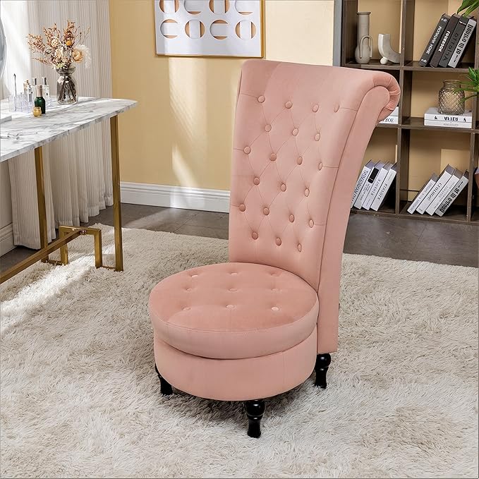 Royal High-Back Velvet Accent Chair for Vanity with Storage and Luxurious Upholstery Retro Design and Versatile Usage for Living Room Bedroom Lounge and Office Rose