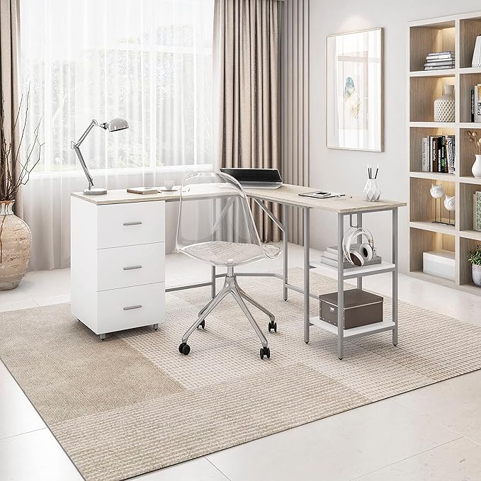 Techni Mobili L Shaped Desk - Two-Toned Computer Desk with Drawers &amp Storage Shelves - Simple Modern Furniture &amp Home Office Space Corner Table for Work &amp Writing