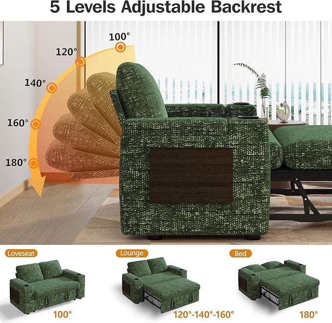 Vipbear 65 Loveseat Sleeper Sofa with Pull Out Bed Chenille 3-in-1 Convertible Sofa Bed with Reclining Backrest|USB Ports|Cup Holders|Side Table|Storage Armrests Tool Free Assembly Green