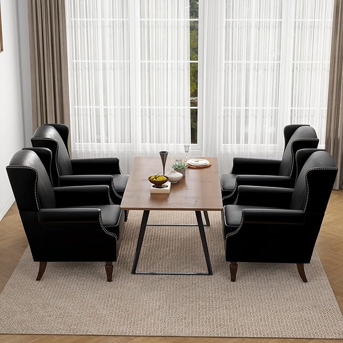 Floral High Back Accent Chair Upholstered Armchair with Solid Wood Legs Comfy Wingback Reading Single Sofa Chair for Small Spaces Living Room Bedroom(Leather Black Set of 2)