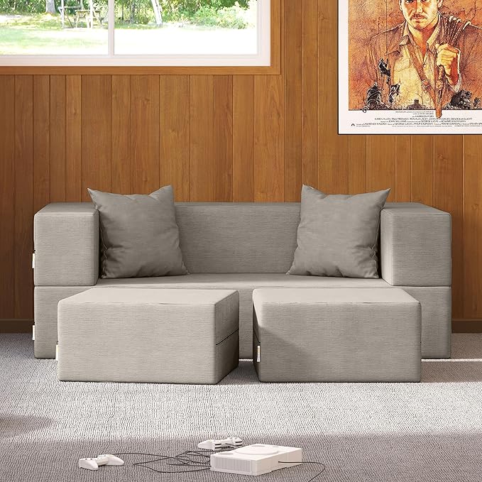 Jaxx Zipline Convertible Sleeper Loveseat &amp Ottomans Textured Microvelvet - Dove Grey