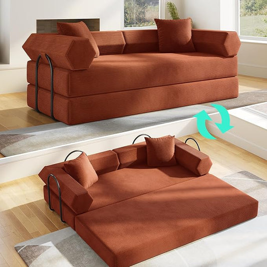 79'' Convertible Sofa Bed 5-in-1 Folding Sleeper Couch with Pull Out Bed Corduroy Modular Floor Sofa No Assembly Space Saving Guest Bed for Living Room Apartment Bedroom (Orange1) | Convertible Sof