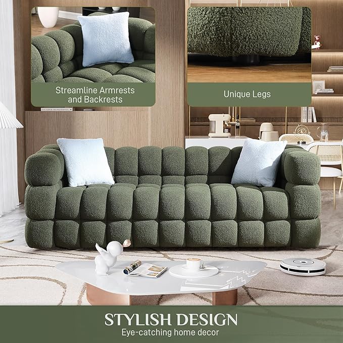 Boucle Sofa Couch 84.3 Comfy Upholstered Sherpa Sofa Tufted Cozy 3-Seater Deep Seat Cloud Couch Modern Oversized Loveseat with 2 Pillows for Living Room Apartment Office Olive Green