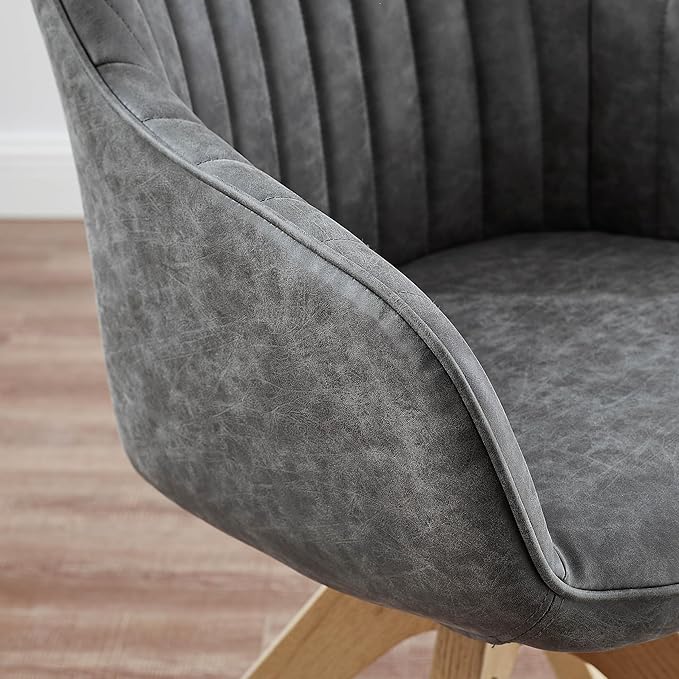 Art Leon Office Chair No Wheels Mid Century Modern Desk Chair Swivel Accent Chair with Oak Wood Legs Faux Leather Upholstered Armchair for Desk Gray