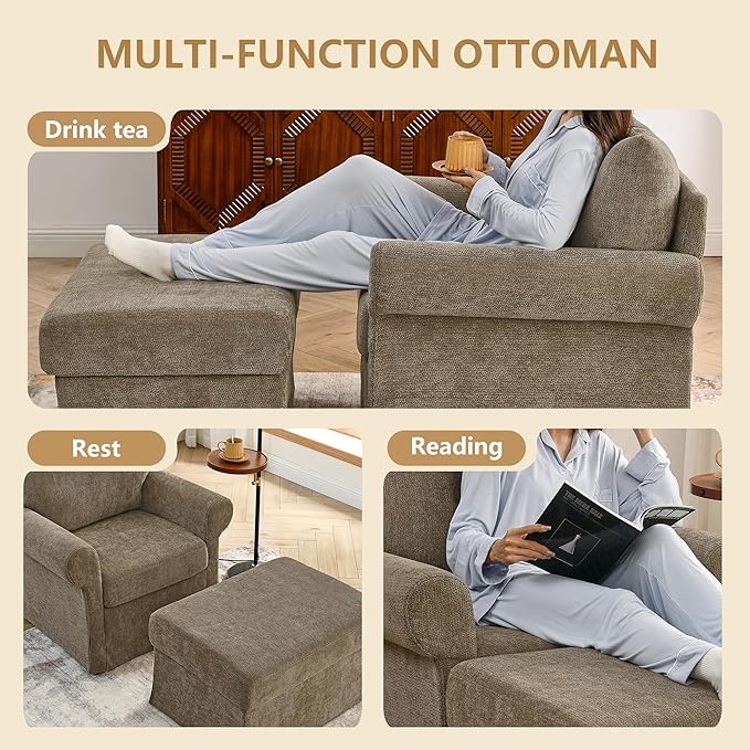 35.82 Accent Chair with Ottoman Set Upholstered Living Room Chairs for Reading Chair with Chaise Lounge Chairs Indoor Comfortable Armchair for Bedroom (Brown 35.82)