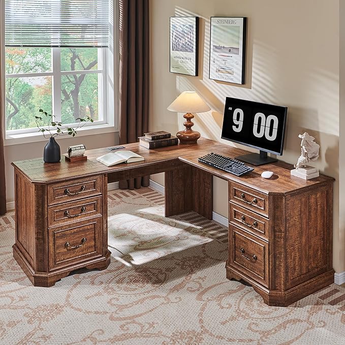 T4TREAM L Shaped Desk with Drawers59 Farmhouse Wood Home Office Executive DeskCharging StationFile Drawer Storage CabinetComputer Desk for Work and Study (Reclaimed Barnwood)