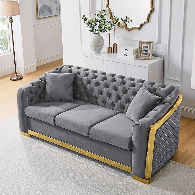 81.1 Velvet Sofa Couch for Living Room Chesterfield Sofa Couch 3 Seater Button Sofa with Stainless Steel Gold Plating Decoration with 2 Pillows Grey &amp Gold