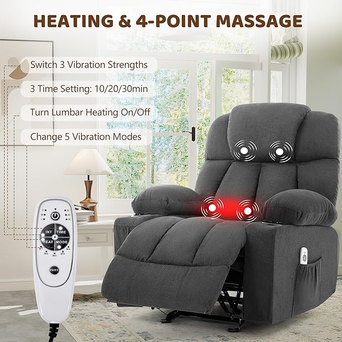 Massage Rocker Recliner Chair Ergonomic Rocking Recliner Sofa with Vibration Massage &amp Heat Reclining Fabric Nursery Chair for Living Room Lounge with 4 Pockets 2 Cup Holders Black