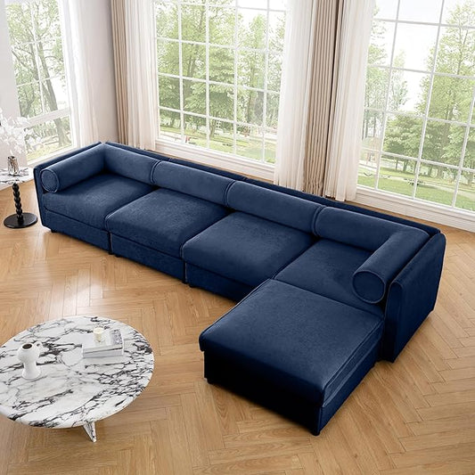 Oversized Modular Sectional Sofa 142.5 Chenille L-Shaped Sofa with Cylindrical Backrest &amp Armrest Modern Comfy 4-Seat Sofa with Ottoman Upholstered Deep Seat Couch for Living Room Blue