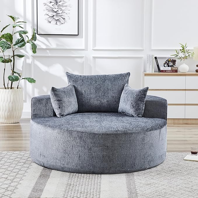 Oversized Round Chaise Lounge Chair Indoor 55'' Chenille Deep Seat Circle Single Floor Sofa Chairs Modern Upholstered Sponge Armchair Cloud Sleeper Chair for Living Room Bedroom Apartment Gray