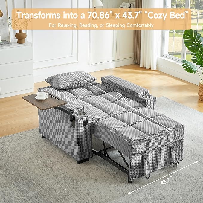 Large Size Convertible Sleeper Chair Futon Sofa Bed Comfortable thick cushion Single Sleeper Sofa Handheld storage and Adjustable Backrest | Reading Chair with Rotating small table (light gray)