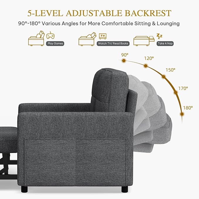 YITAHOME 55 Convertible Sofa Bed 3-in-1 Sleeper Sofa with Iron Frame Pull-Out Bed Linen Futon Couch with Reclining Backrest and Side Pocket Modern Loveseat for Living Room Bedroom Apartment Grey