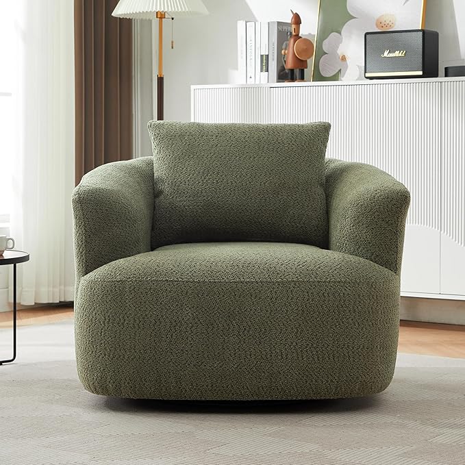 Merax Modern Cozy Chenille 360° Swivel Sofa Chair w/a Throw Pillow 38.2 Upholstered Leisure Barrel Accent Armchair with Deep Seating for Living Room BedroomOffice Hotel Easy Assemble Green