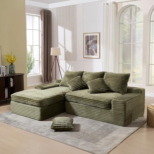 99 Cloud Modular Sectional CouchL-Shape Sofa Couch with Deep SeatModern Boneless Compressed Sofa with Chaise3 Seater Corduroy Couches for Living Room Bedroom No Assembly Required (Green)