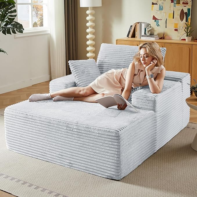 50Oversized Chaise Lounge Chair IndoorCorduroy Boneless Reading Chair with 3 PillowsDeep Seat Cloud Sofa BedComfy Modern Sleeper Chairs in Box for Living Room BedroomNo Assembly(Light Grey)