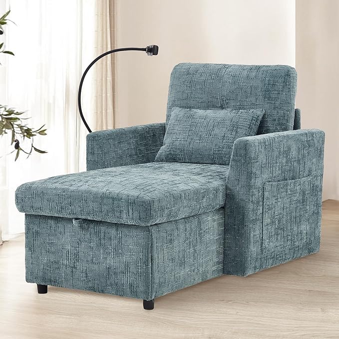 HOMEFUN Sleeper Chair Bed Lazy-Friendly Indoor Chaise Lounge with Storage Cell Phone Bracket Multifunctional Sofa for Bedroom Living Room Small Space Adults