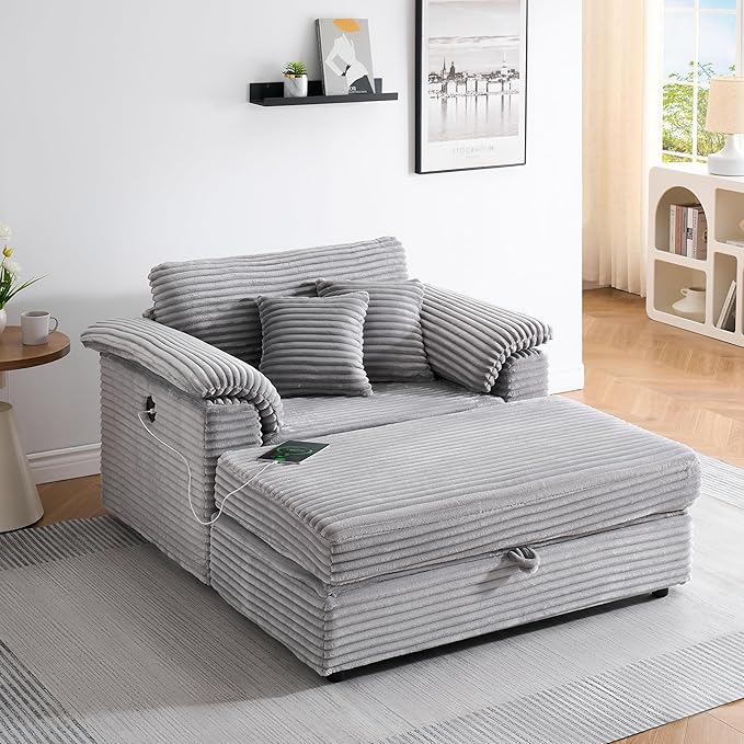 KEIKI 47.24 inch Corduroy Sofa Wide Corduroy Armchair with Storage Feet and 2 Throw Pillows Sleeper Couch for Living Room Apartment Salon Home Theater Gray