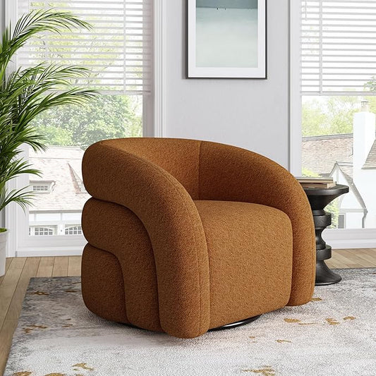 Boucle Swivel Accent Chair No Assembly Small Comfy Round Barrel Armchair for Living Room Bedroom Reading Waiting Room (Orange Set of 1)