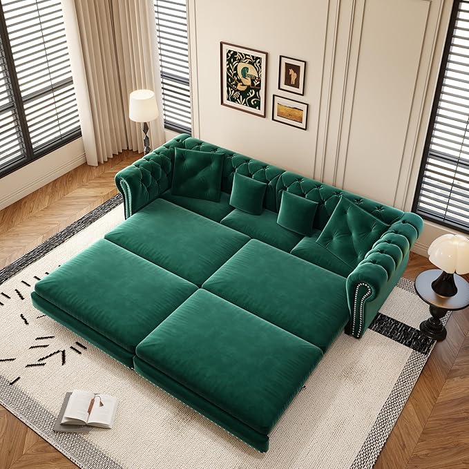 Eafurn 3 in 1 Oversized Chesterfield Loveseat Sofa Convertible Pull Out Sleeper Sofabed King Size Couch Bed w/Movable Ottoman and Nailhead Trim for Living Room Tufted Velvet Recliner Daybed Sofacama