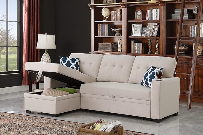 Ball &amp Cast Sectional Sleeper Sofa Couch with Pull Out BedL Shaped Sleeper Sofa Bed with Cupholder ArmrestsConvertible Sleeper Sectional Sofa W/Reversible Storage Chaise&ampBack Cushionfor Liv