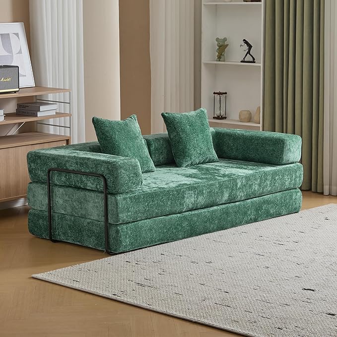Folding Sofa Bed Modular Sectional Cloud Couch Convertible Sleeper Sofa Bed with Pillow Back Support Armrest for Living Room Bedroom Lounge No Assembly Required Chenille(Dark Green)