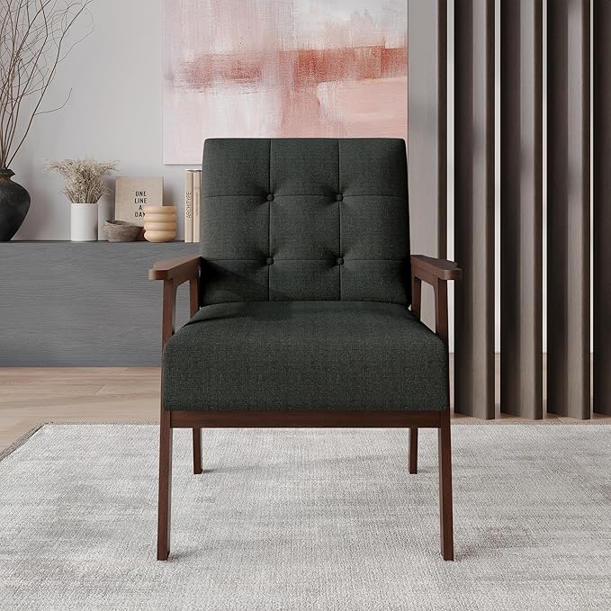 Accent Chair with Button-Tufted Linen Upholstery Wooden Armrests Cushioned Seat Easy Assembly Charcoal Grey